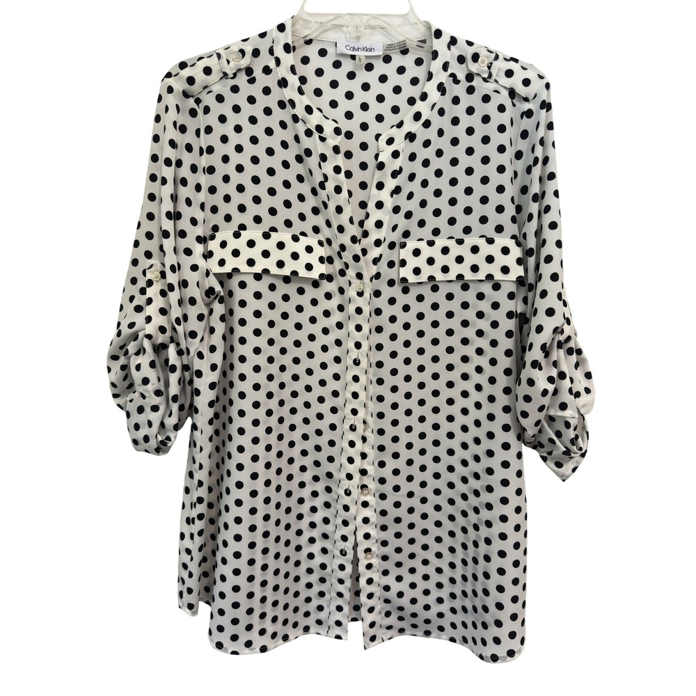 Calvin Klein Polka Dot Blouse White Black Roll Tab Sleeve Office Siren Size L